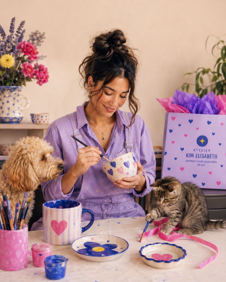 Kim beschildert een hartjesschaaltje met hond en kitten aan tafel