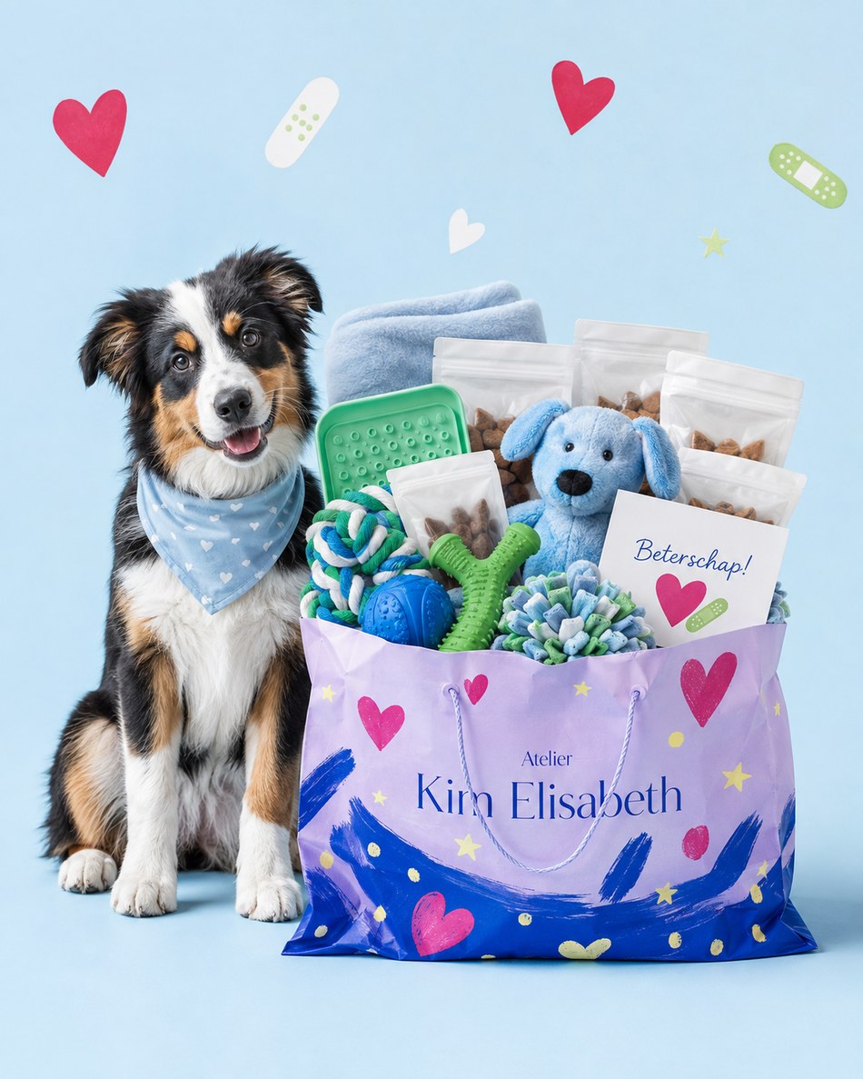 Australische herder naast een lila beterschapsbox voor honden