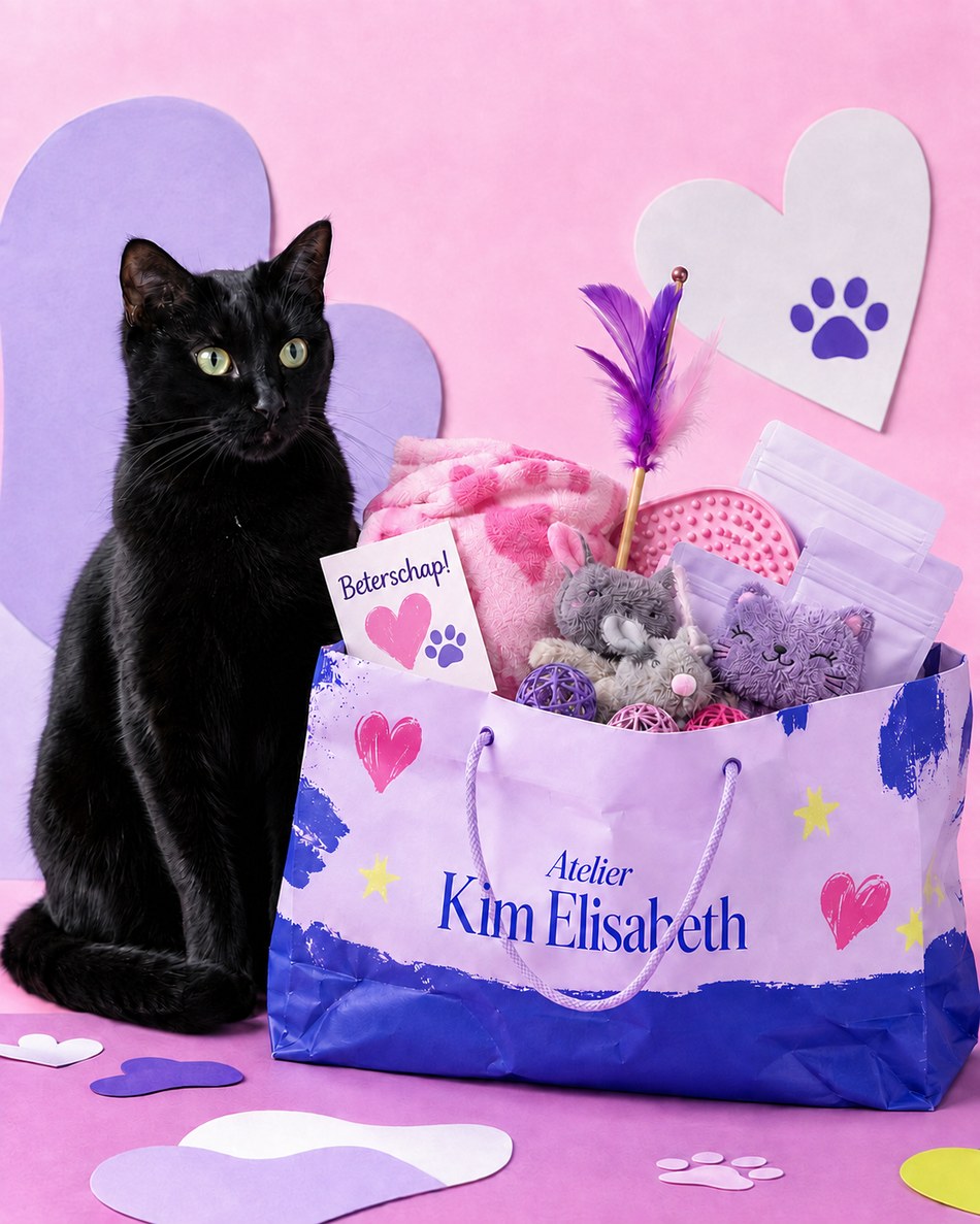 Zwarte kat naast een lila beterschapsbox voor katten