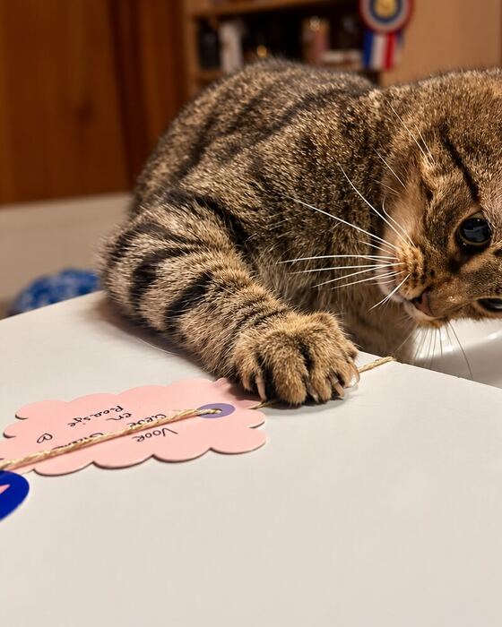 Kat met het kaartje uit de verrassingsbox