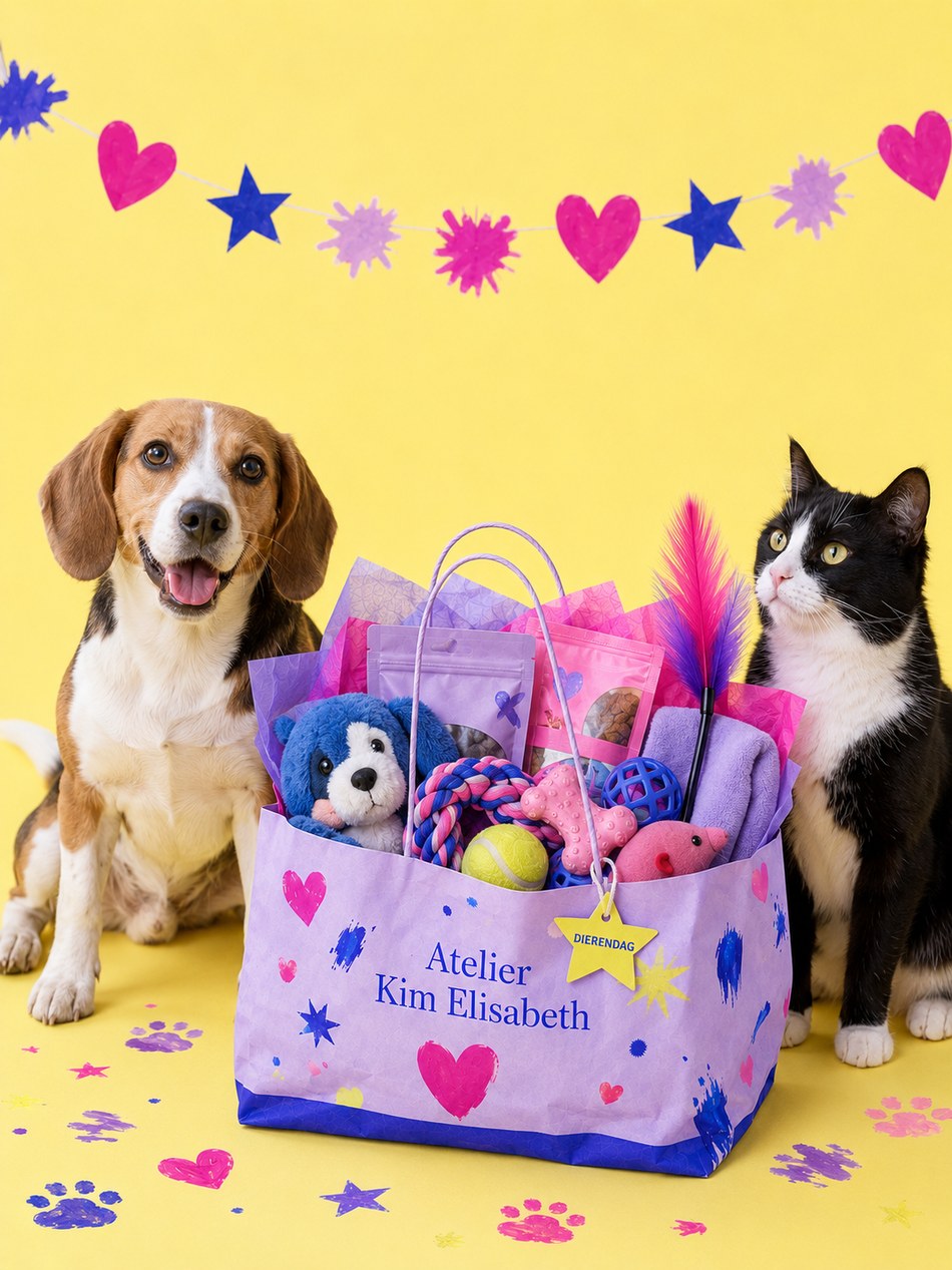 Beagle en zwart-witte kat naast een lila dierendagbox