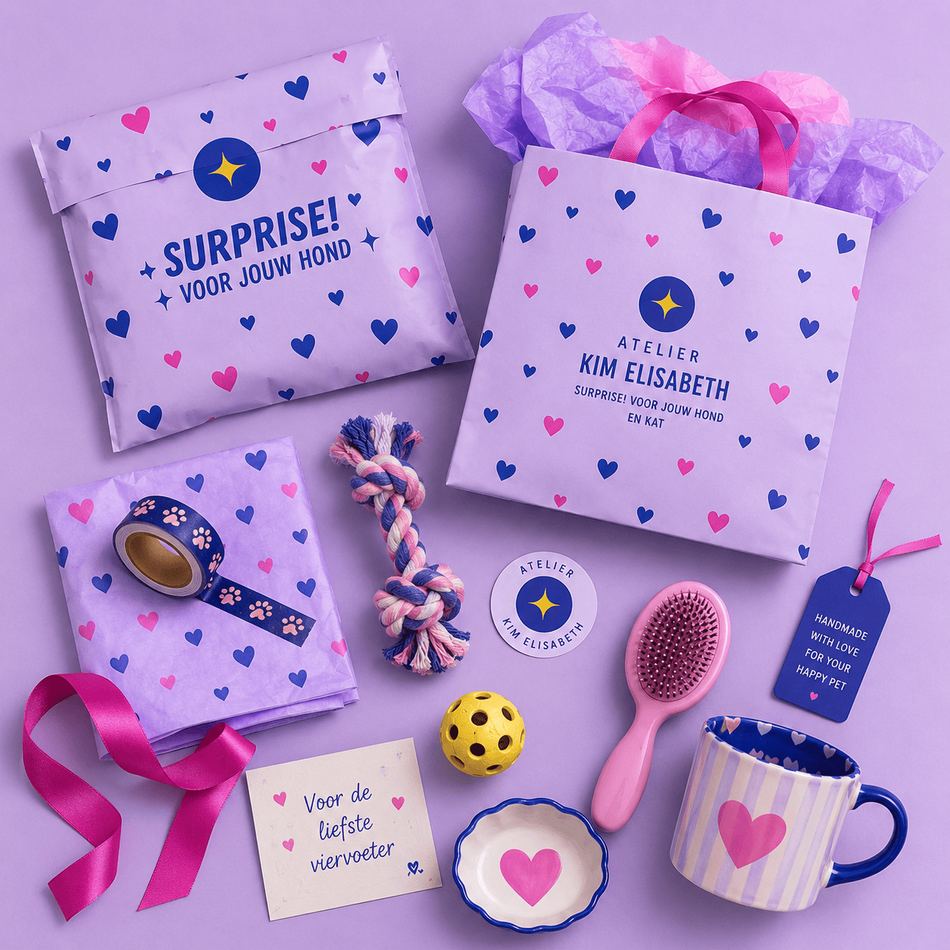 De inhoud van een verrassingsbox uitgestald: speelgoed, snacks en accessoires
