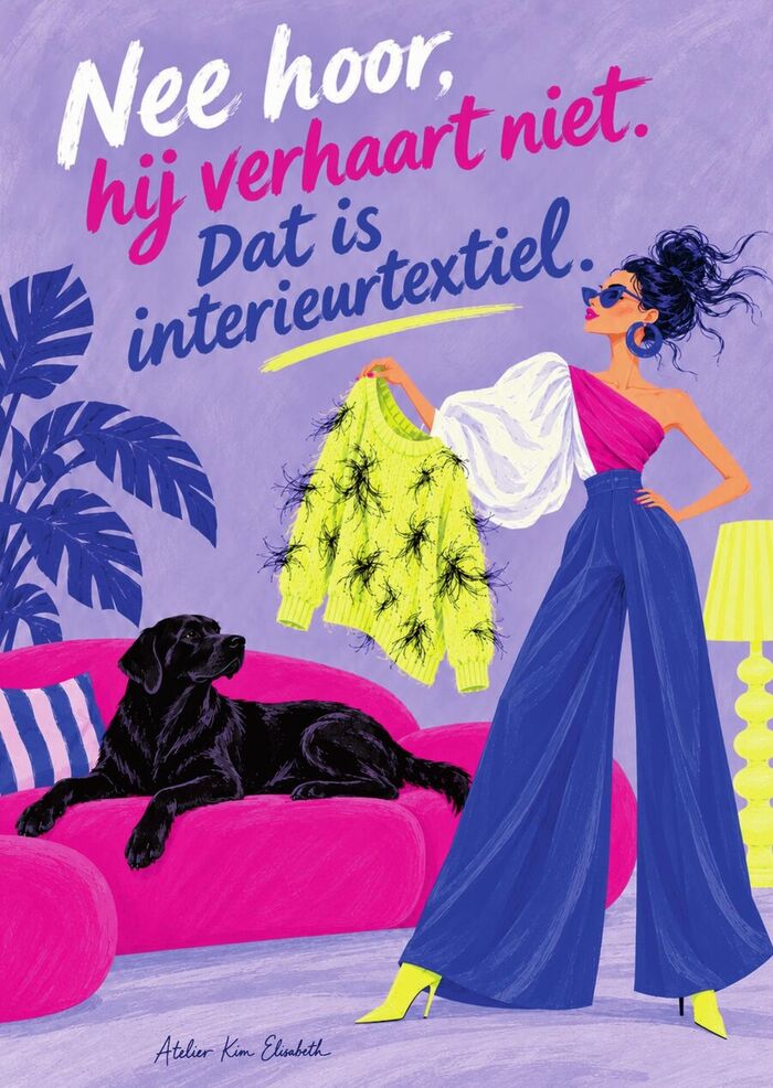 Ansichtkaart: Nee hoor, hij verhaart niet. Dat is interieurtextiel.