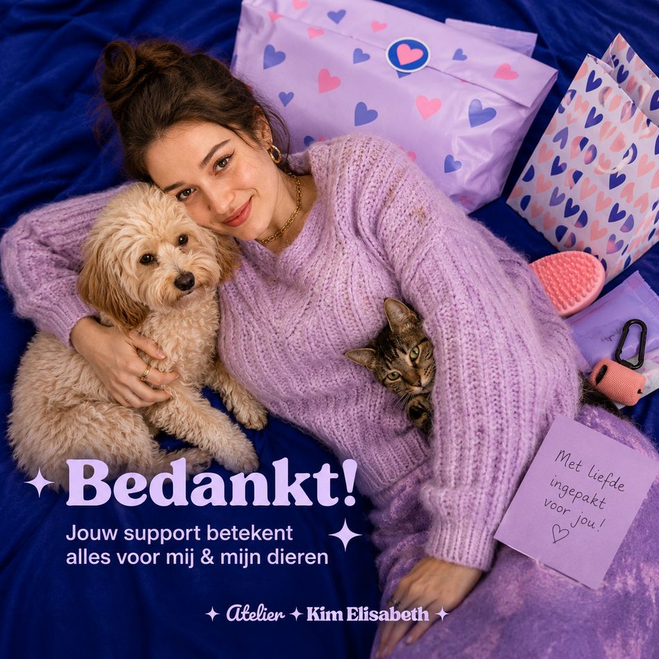 Bedankt! Kim met hond en kat tussen verrassingsboxen