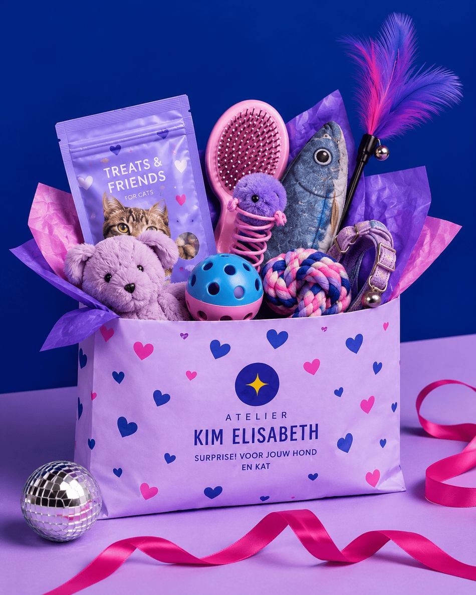 Lila verrassingstas voor katten met snacks, een veren hengel, balletjes en een borstel