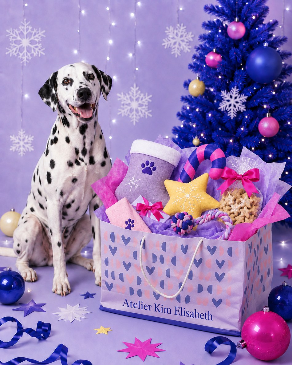 Dalmatiër naast een lila kerstpakket voor honden