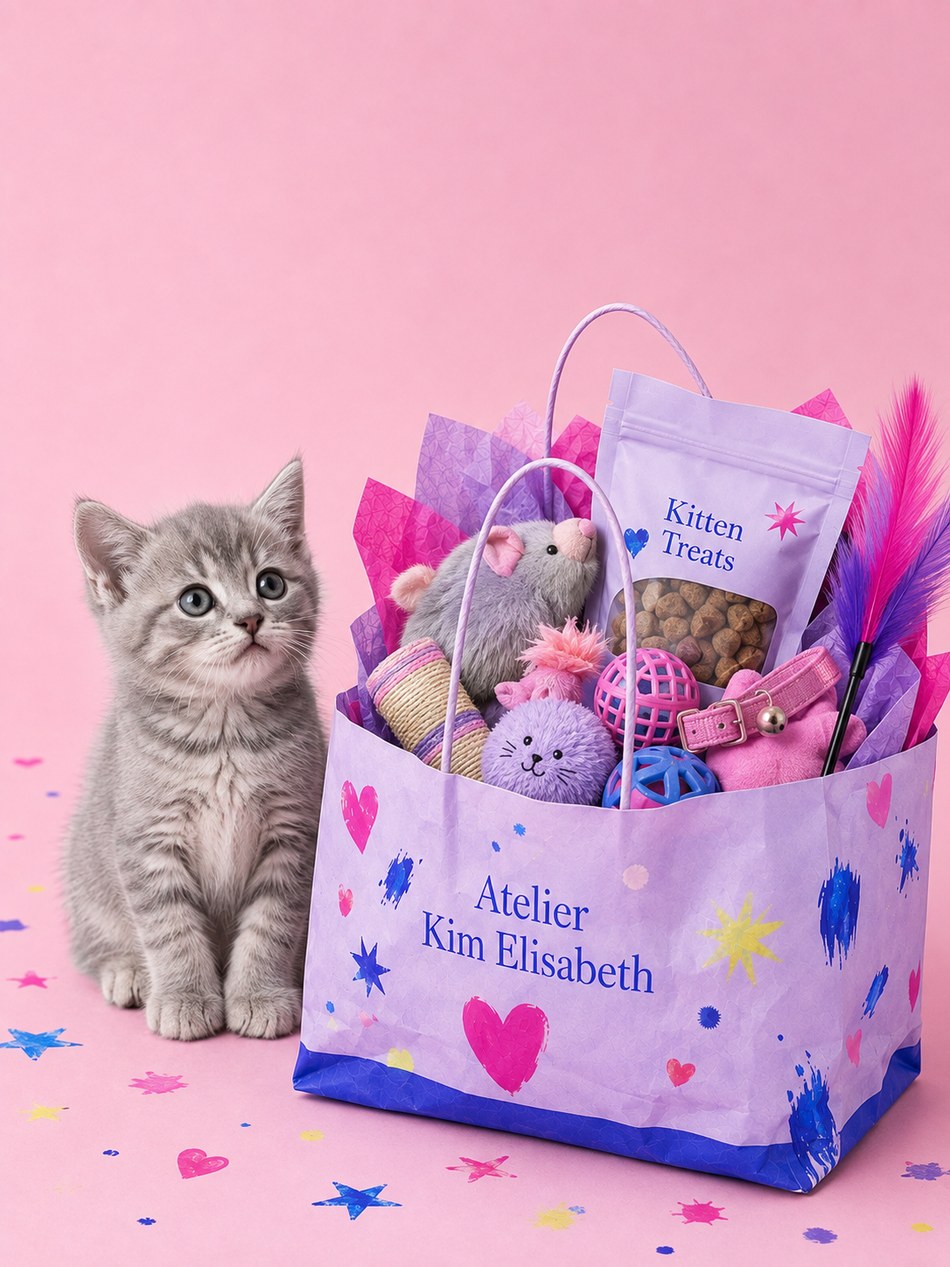 Grijs kitten naast een lila kitten cadeaupakket met speeltjes en snacks