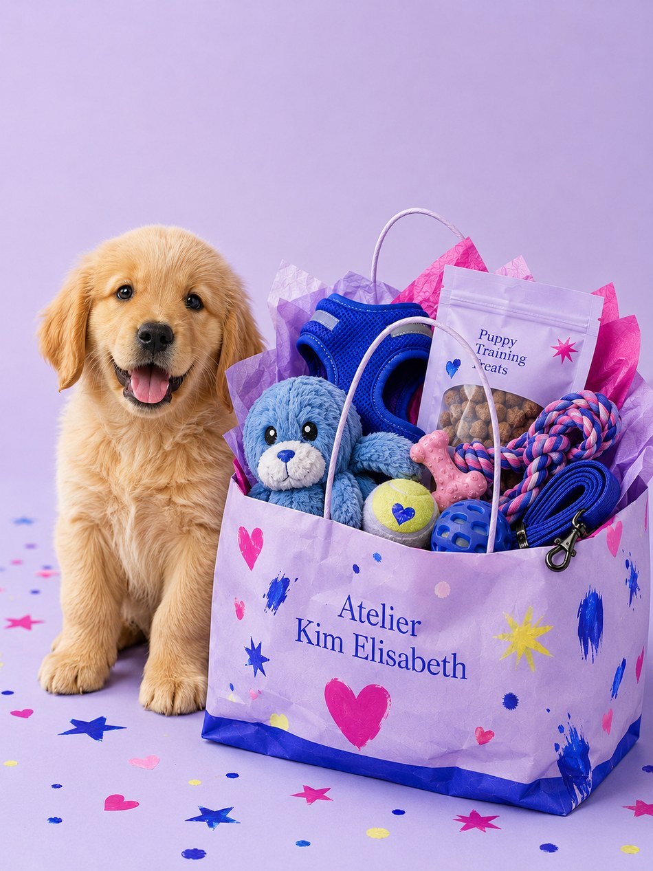 Golden retriever puppy naast een lila puppy cadeaupakket met speelgoed en snacks