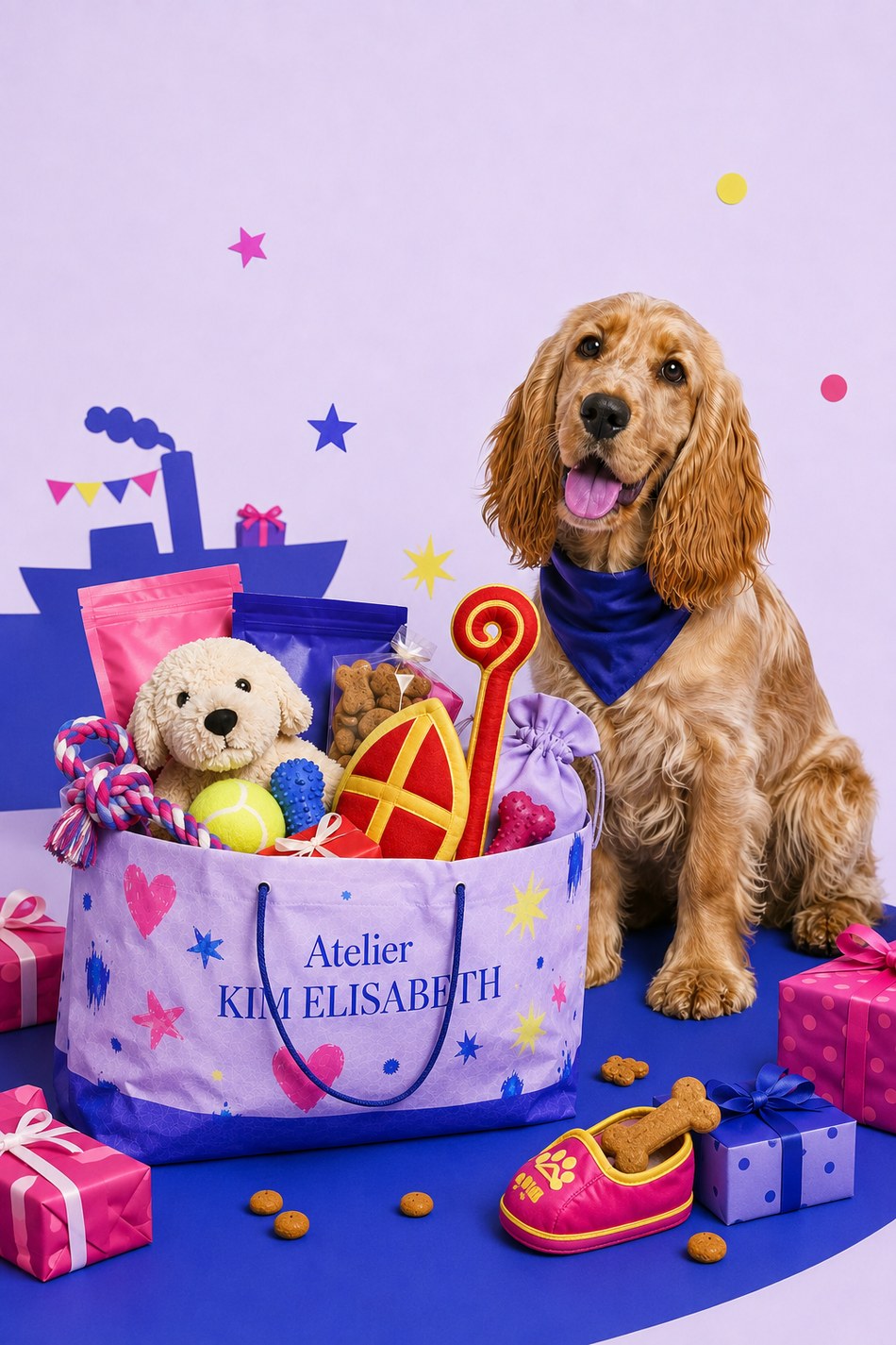 Cocker spaniel naast een lila sinterklaascadeau voor honden
