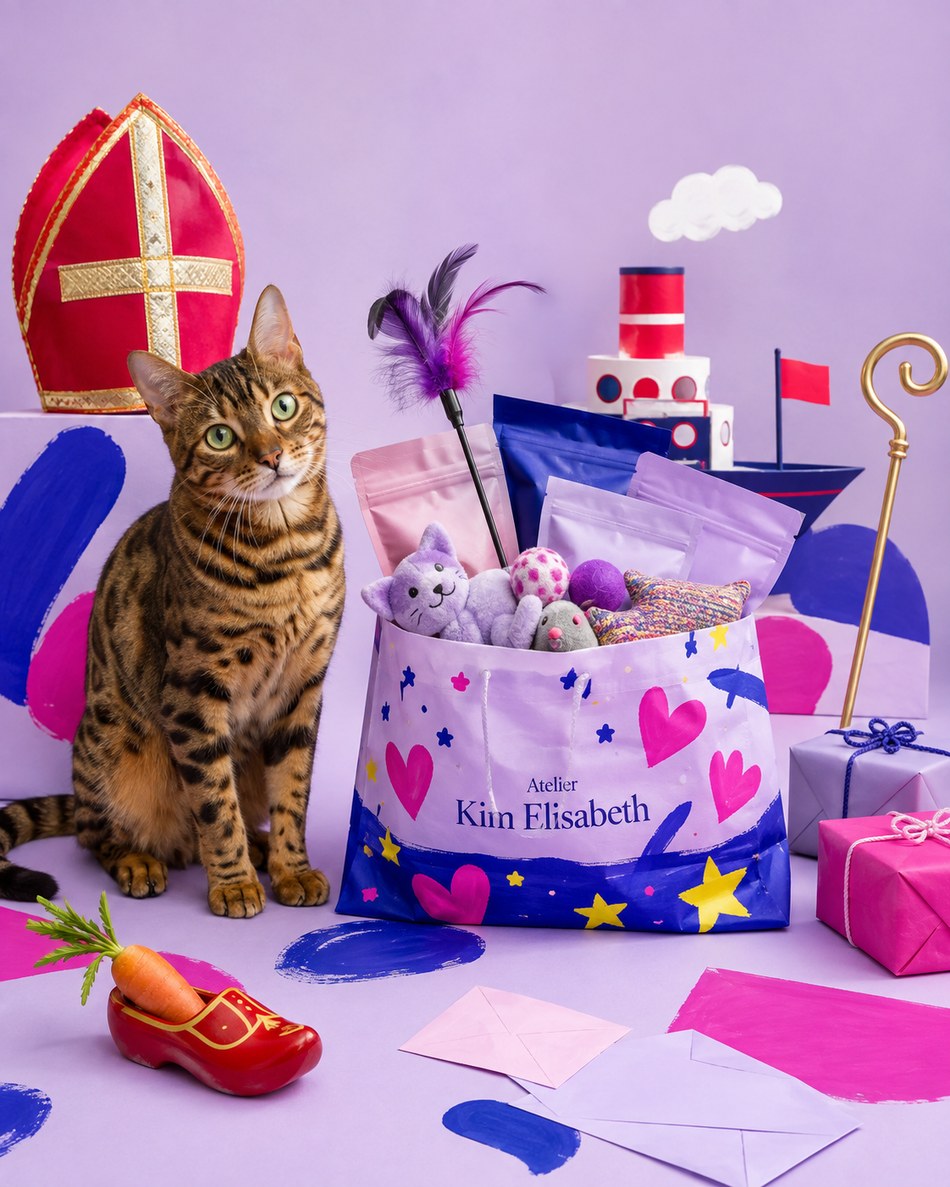 Bengaalse kat naast een lila sinterklaascadeau voor katten