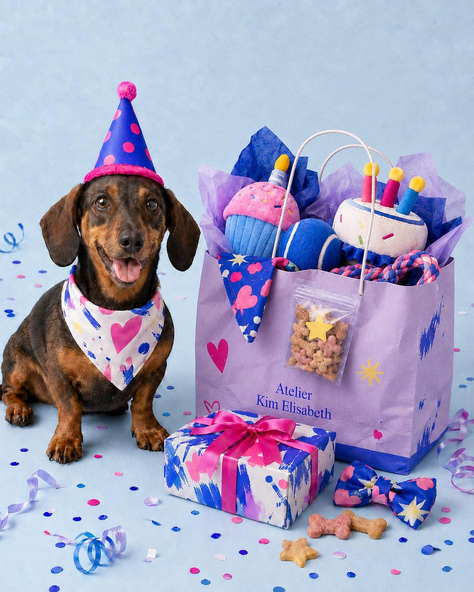 Teckel met feesthoedje naast een lila verjaardagsbox voor honden