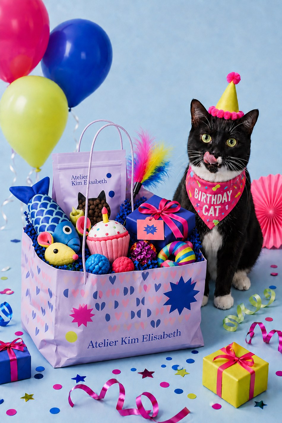 Zwart-witte kat met feesthoedje naast een lila verjaardagsbox voor katten
