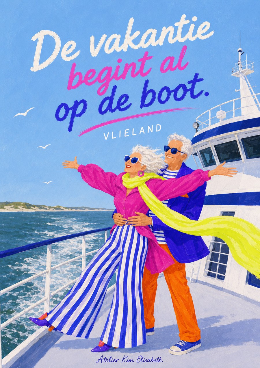 Ansichtkaart Vlieland: De vakantie begint al op de boot.