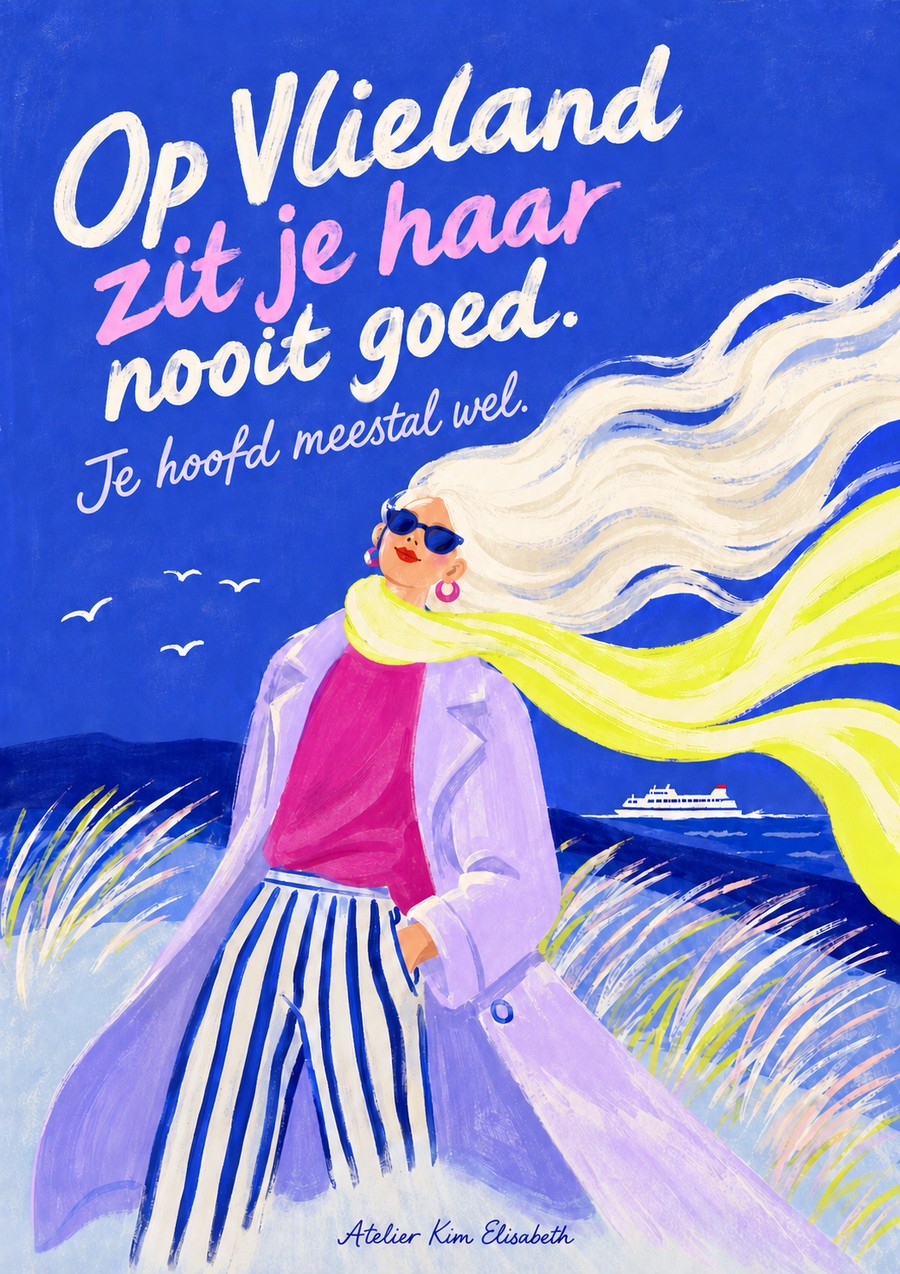 Ansichtkaart Vlieland: Op Vlieland zit je haar nooit goed. Je hoofd meestal wel.