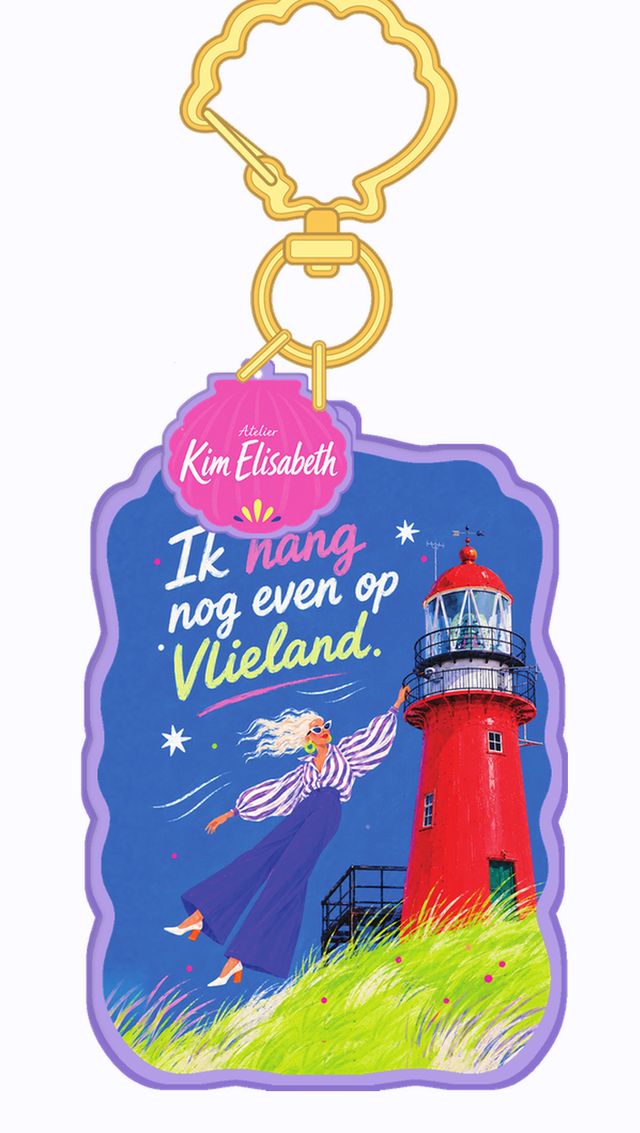 Sleutelhanger Vlieland met de rode vuurtoren en de tekst Ik hang nog even op Vlieland