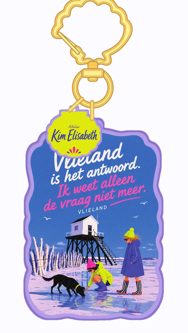 Tashanger Vlieland met strandhuisje en hond en de tekst Vlieland is het antwoord