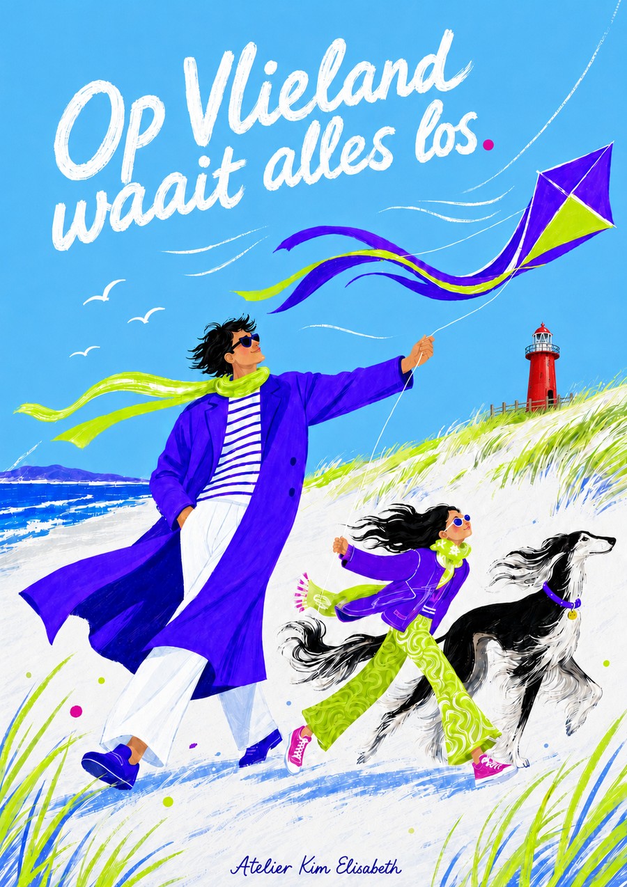 Ansichtkaart Vlieland: Op Vlieland waait alles los.